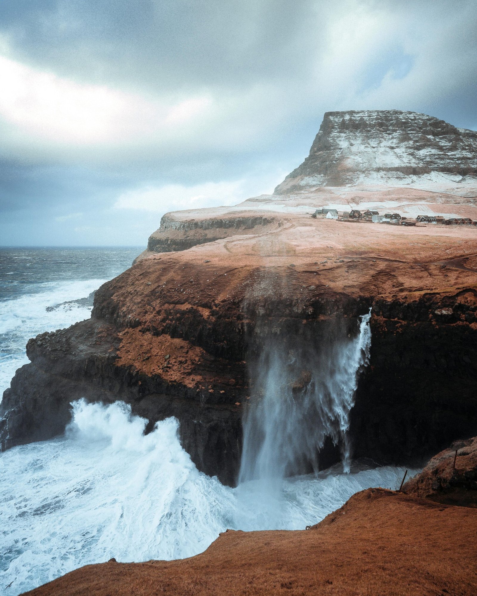 Powerful ocean waves crashing against the cliffs below Múlafossur waterfall in Gásadalur, Faroe Islands, with dramatic clouds and a rugged coastal landscape in winter.