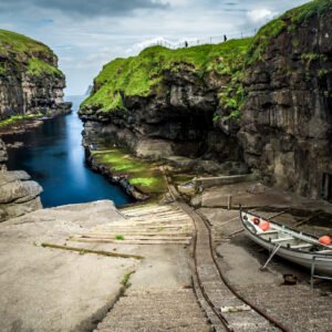 Gjógv gorge, faroe islands. A small harbour shaped by the natural landscape of the faroe islands