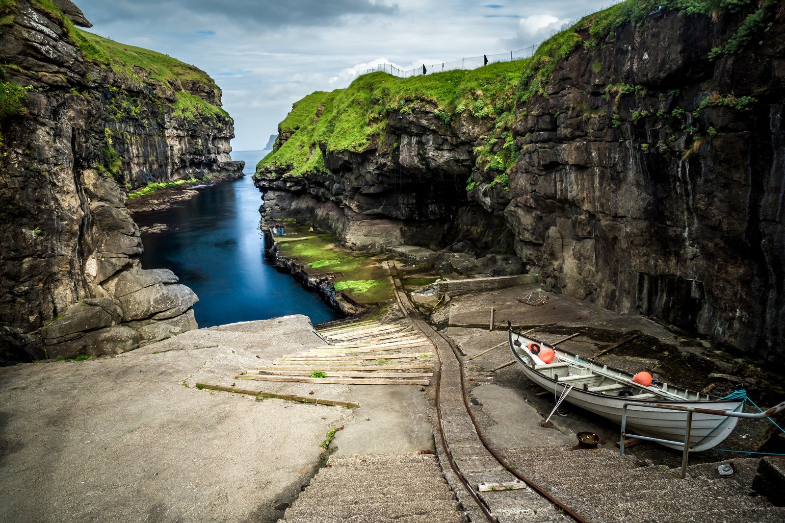 Gjógv gorge, faroe islands. A small harbour shaped by the natural landscape of the faroe islands